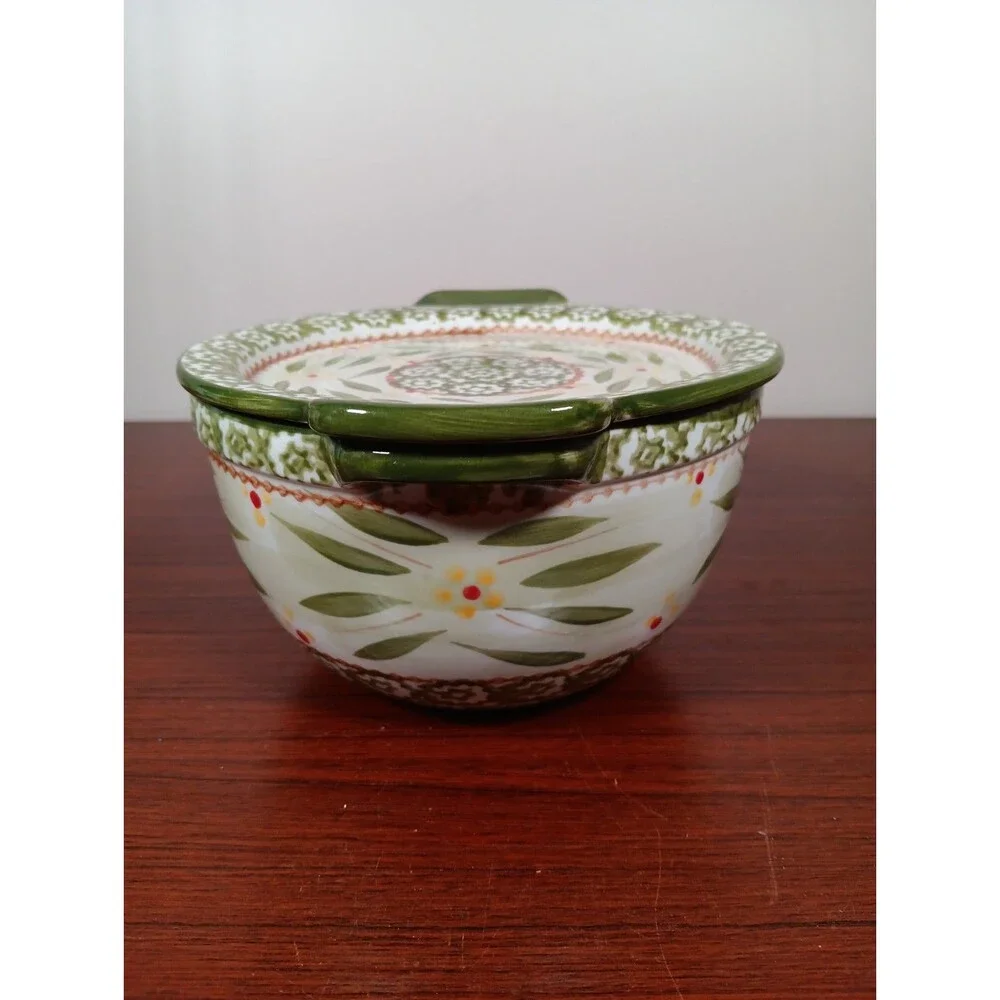 Temp-Tations Old World 1 Quart Serving Mixing Bowl With Lid Green EUC